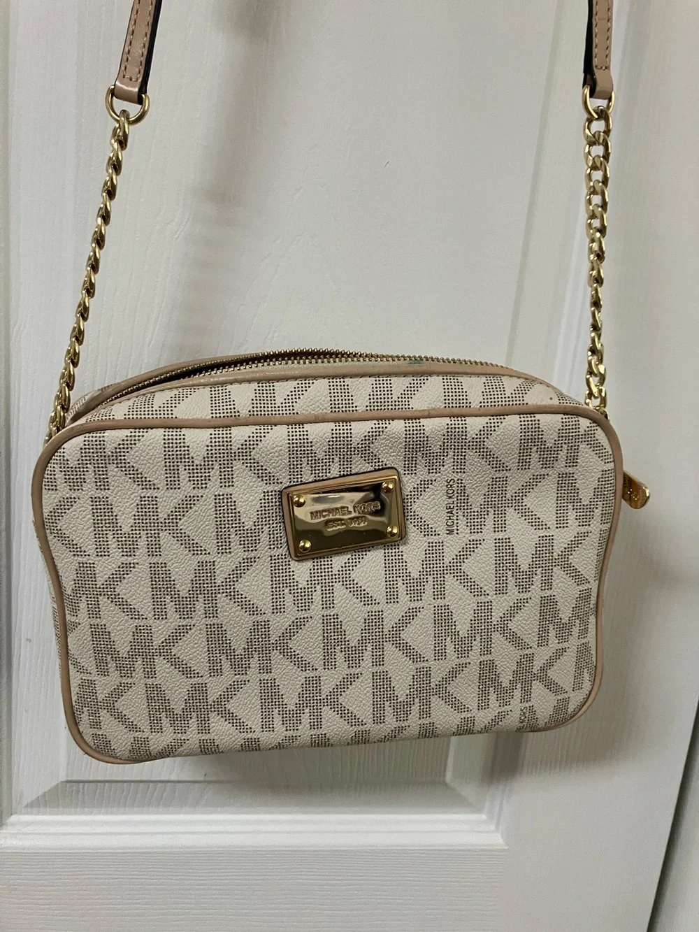 Michael Kors Beige Logo MK Signature Crossbody with Gold Chain